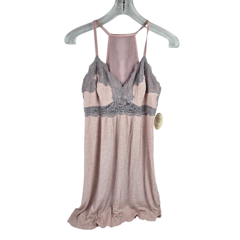 Soma Cool Nights Intricate Lace Chemise Pink Gray Racerback Nightgown Small NEW